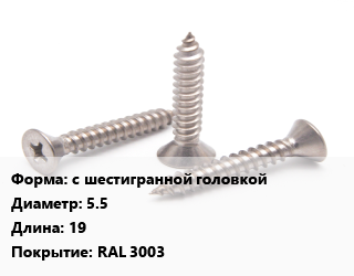 Саморез с шестигранной головкой D=5.5 L=19 RAL 3003, упаковка 1000 шт, для кровельных материалов, ZP цена от 1449 Тг / кг, где купить, условия доставки в Петропавловске и Северо-казахстанской области